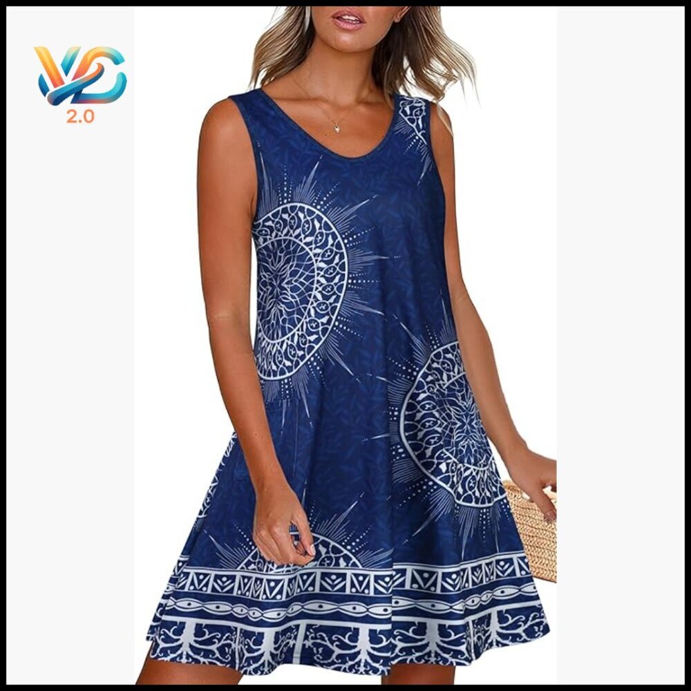 Midi Sundress with V-Neck Sleeveless A-Line Hem and Pockets